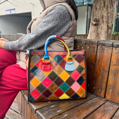 Multicolor Plaid Leather Tote Bag by Snagg A Bag