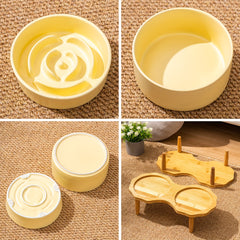 Slow Food Ceramic Cat & Dog Bowl with Elevated Wooden Stand by Snagg A Feeder