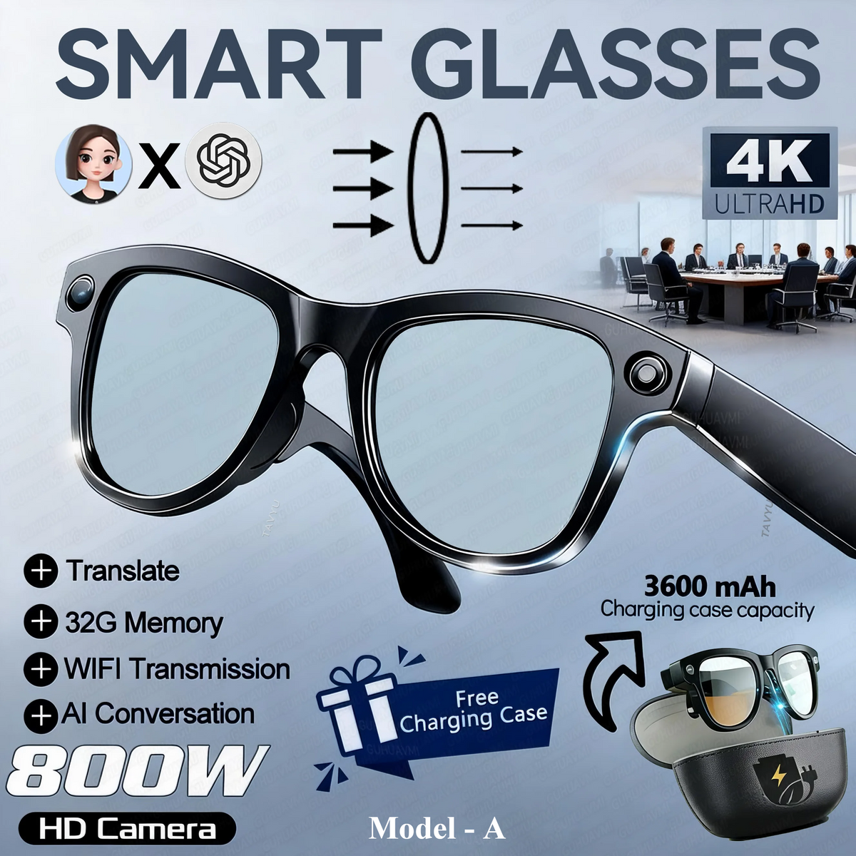 M02 Ultra Smart AI Glasses – 1080P HD Camera with 3600mAh Charging Case