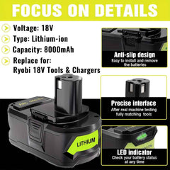 2 Pack 18V 8.0Ah Lithium-Ion Batteries – High Capacity, Rechargeable, Compatible with 18V ONE+ Tools