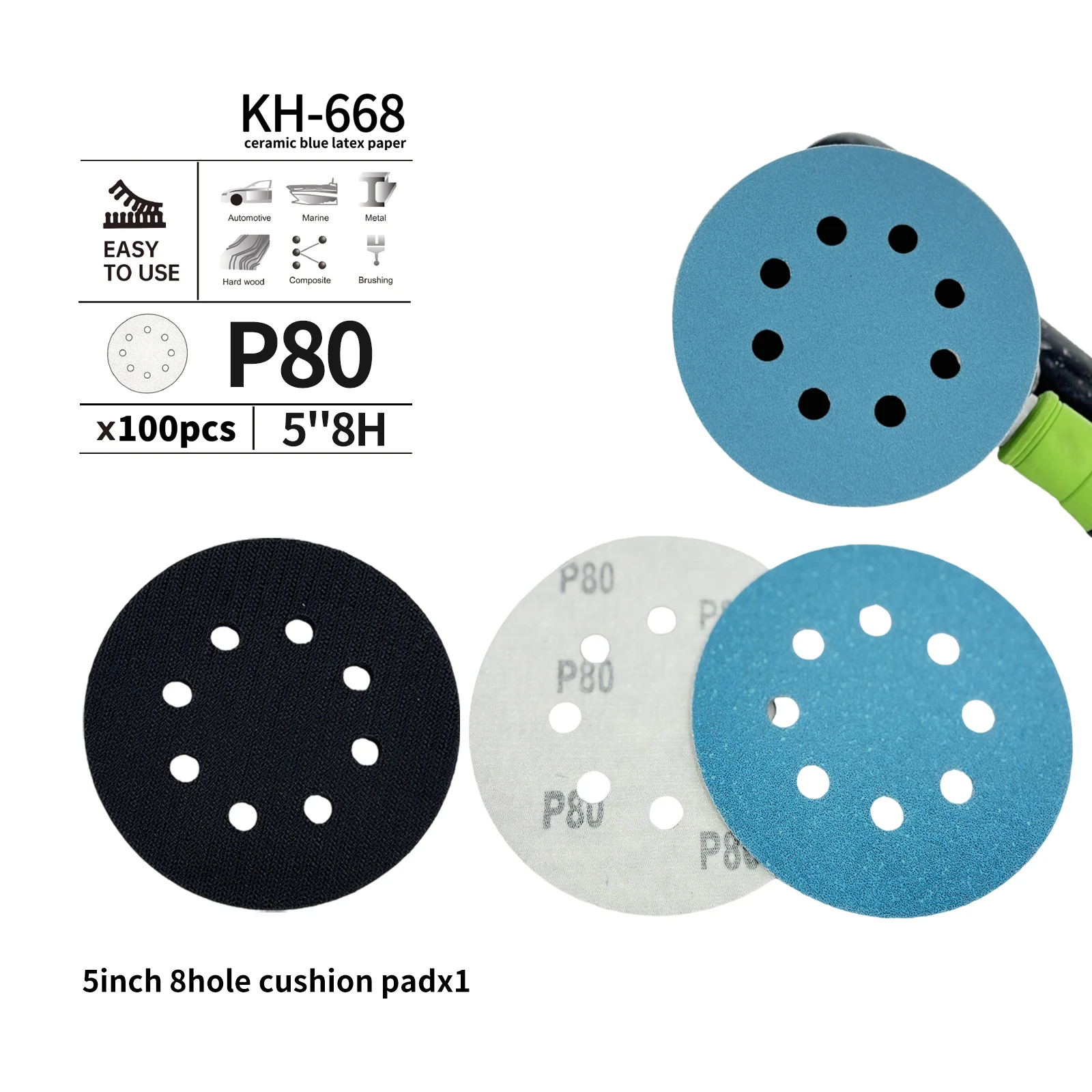 5 Inch 8-Hole Ceramic Sanding Discs | Flocked Hook & Loop 80–320 Grit Grinding Polishing Disc 100pcs