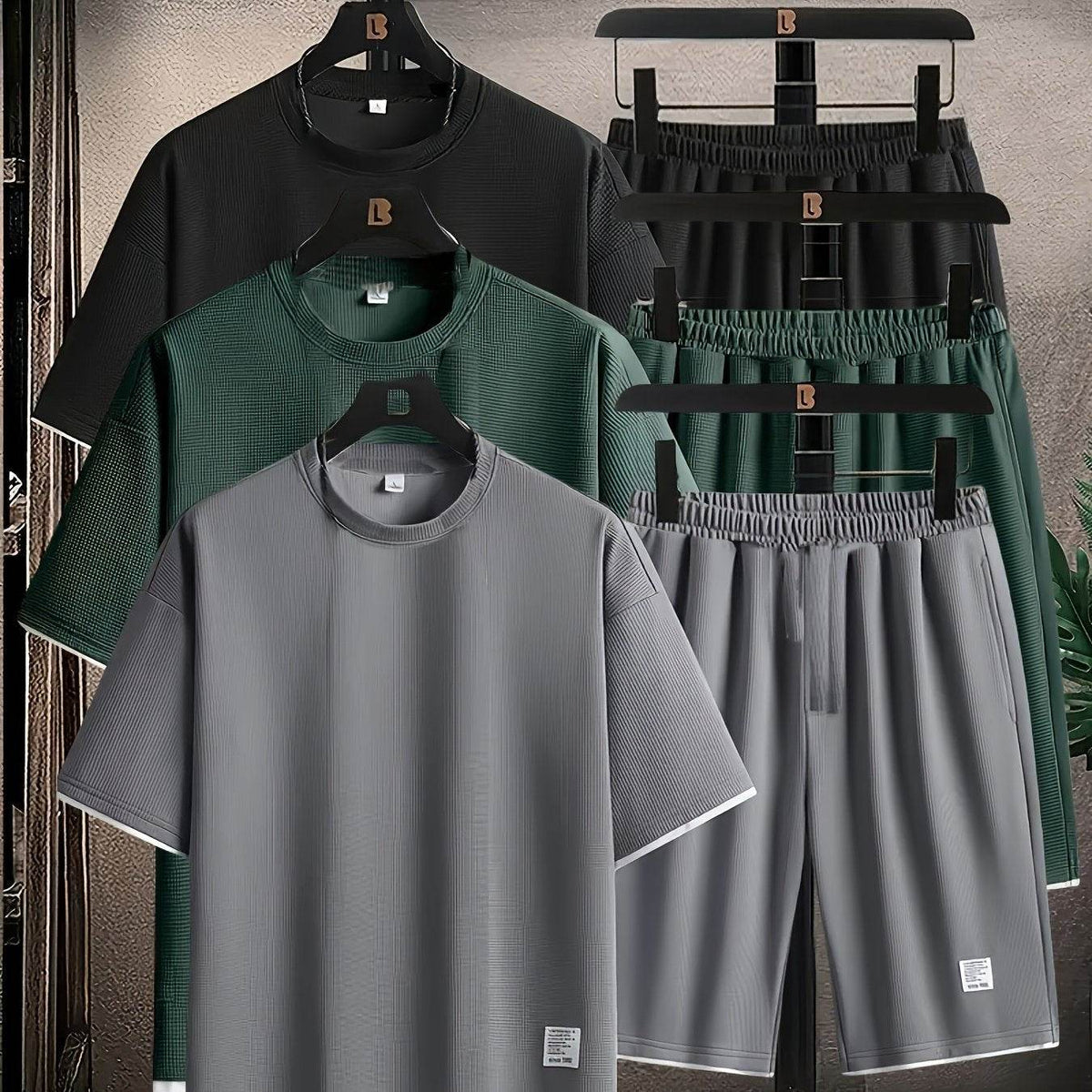 6pcs Waffle Men’s Pajama Set – Short Sleeve & Shorts Multi-Piece Homewear - SnaggIt