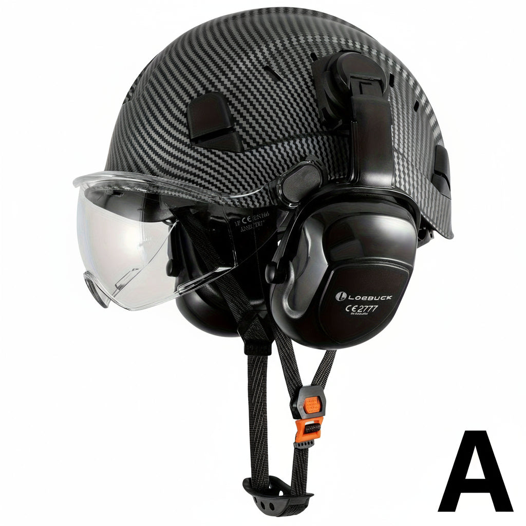 Carbon Fiber Pattern Safety Helmet with Visor, Earmuffs by Snagg A Safety Helmet