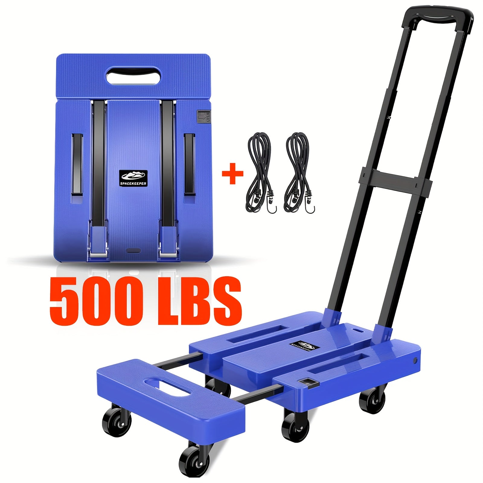 500LB Folding Hand Truck – Heavy Duty Luggage Cart with 6 Wheels & Elastic Ropes - Blue - General Tools