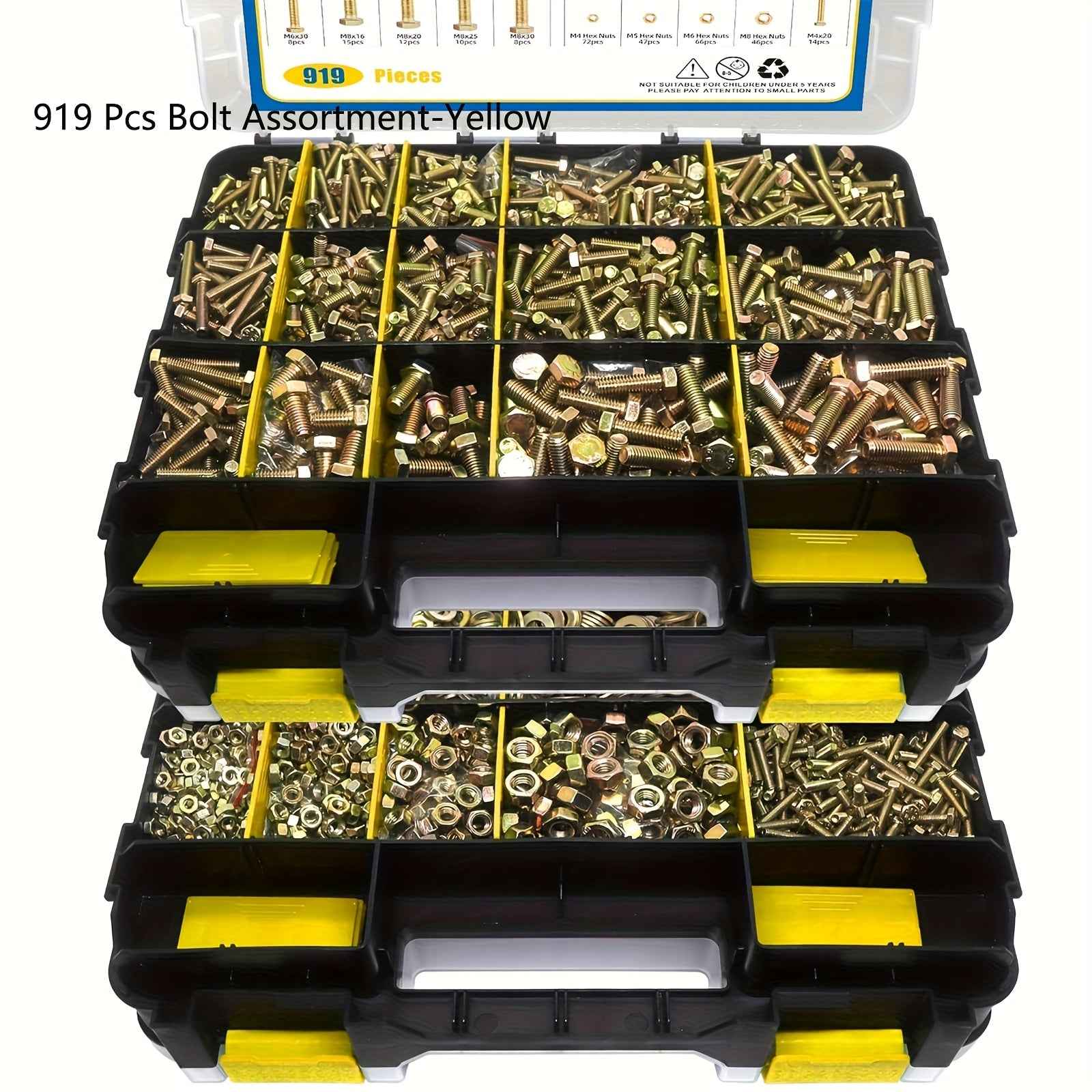 919pcs 8.8 Grade Metric Screws M4 M5 M6 M8 Heavy Duty Bolts and Nuts Set Yellow Galvanized Length Range 12-30mm