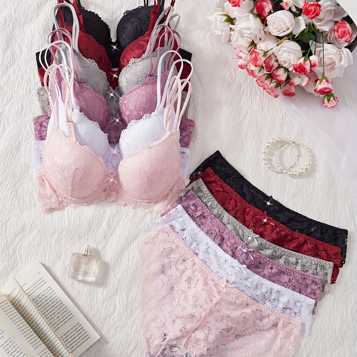 Women’s Lace Bra & Panty Set – 6-Piece Floral Pattern by Snagg An Underwear