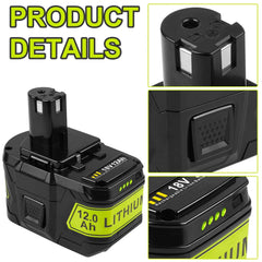 4 Pack 18 V 12.0 Ah Lithium-Ion Batteries — High Capacity Replacement for Ryobi 18 V ONE+ Cordless Tools