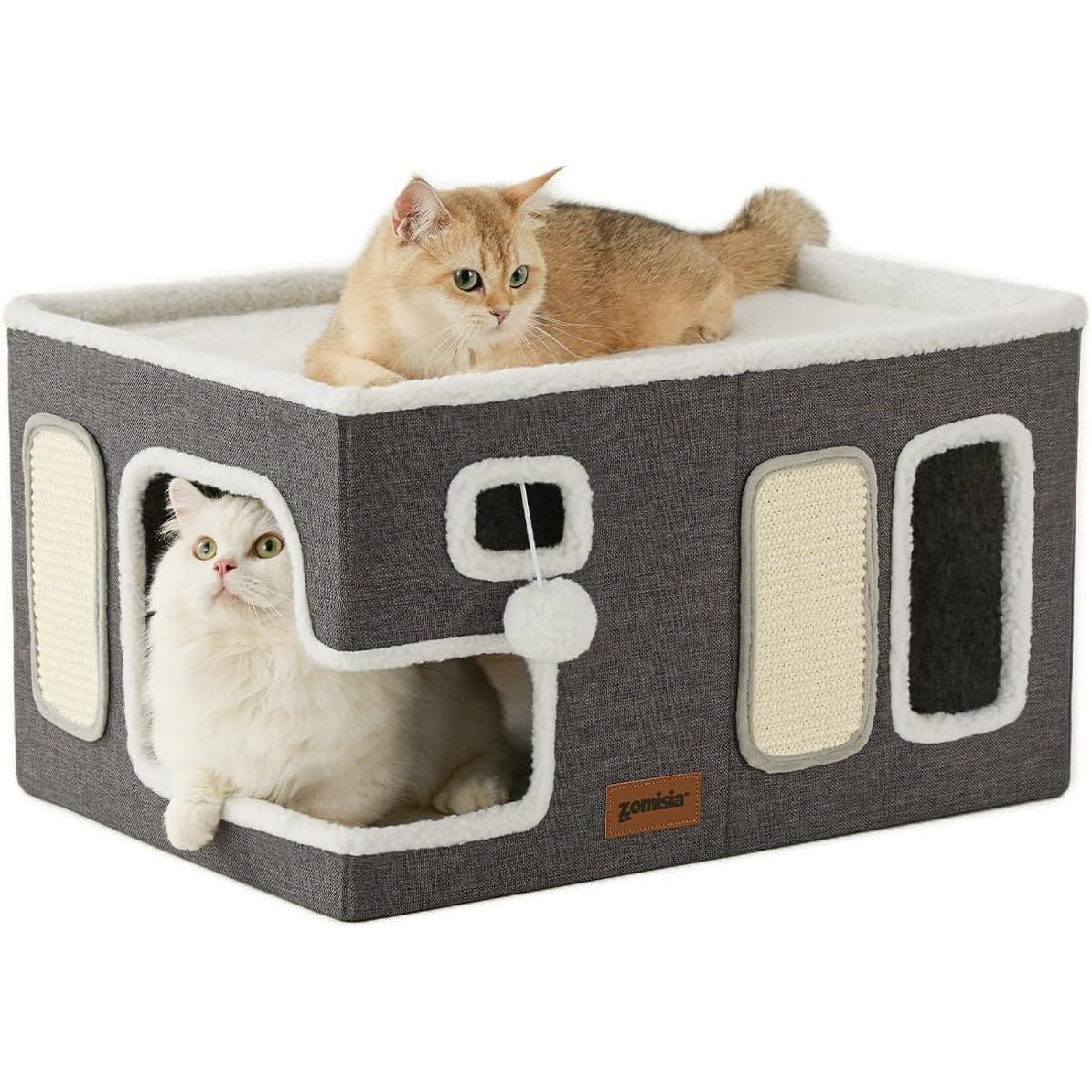 Extra-Wide Modern Cat House with Plush Ball Hammock by Snagg A Cave