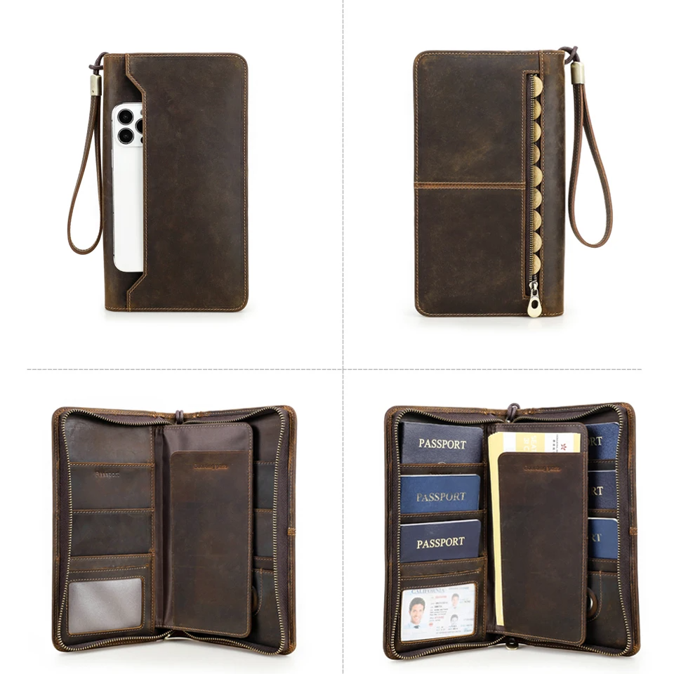 Genuine Leather Family Passport Wallet with AirTag Slot – Boarding Pass, Card & Pen Holder