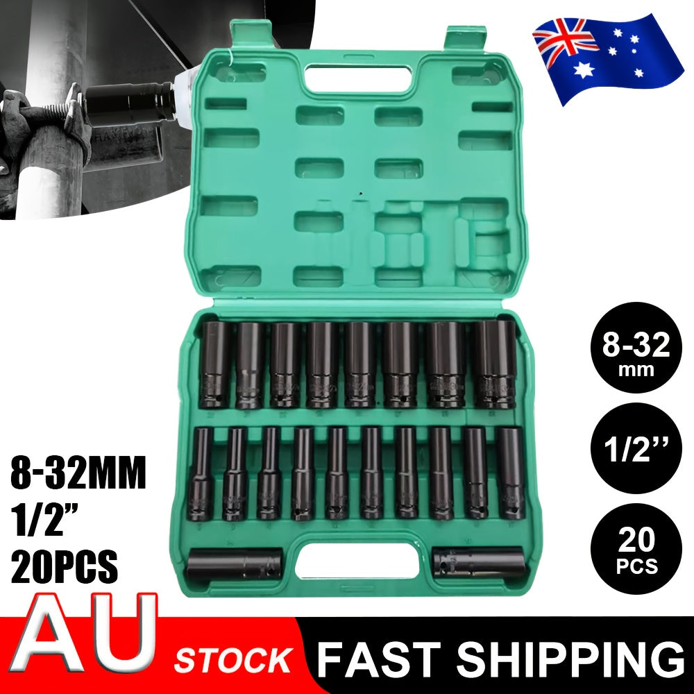 20 Pcs 1/2’’ Drive Hex Impact Socket Set — Deep Metric 8–32mm - 1set (20pcs) - Other Power Tools