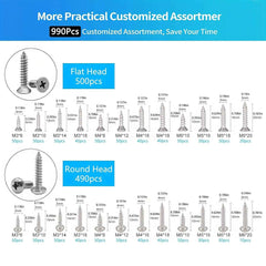 990pcs Self Tapping Screws Assortment Set M3/M4/M5/M6 - 304 stainless steel - Power Tools Gadget