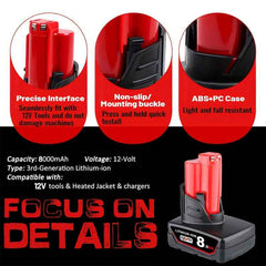 2 Pack 12 V 8.0 Ah Lithium-Ion Battery — Replacement for M12 Series Cordless Tools