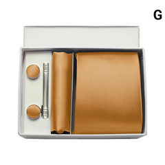 Men’s Silk Tie Gift Set — 8cm Necktie with Matching Handkerchief & Cufflinks (Formal Business Set) - G - Others