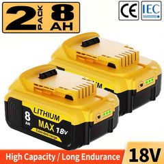 2 Pack 18 V 8.0 Ah Lithium-Ion Batteries — Replacement for Dewalt 18 V Cordless Tools & Chargers