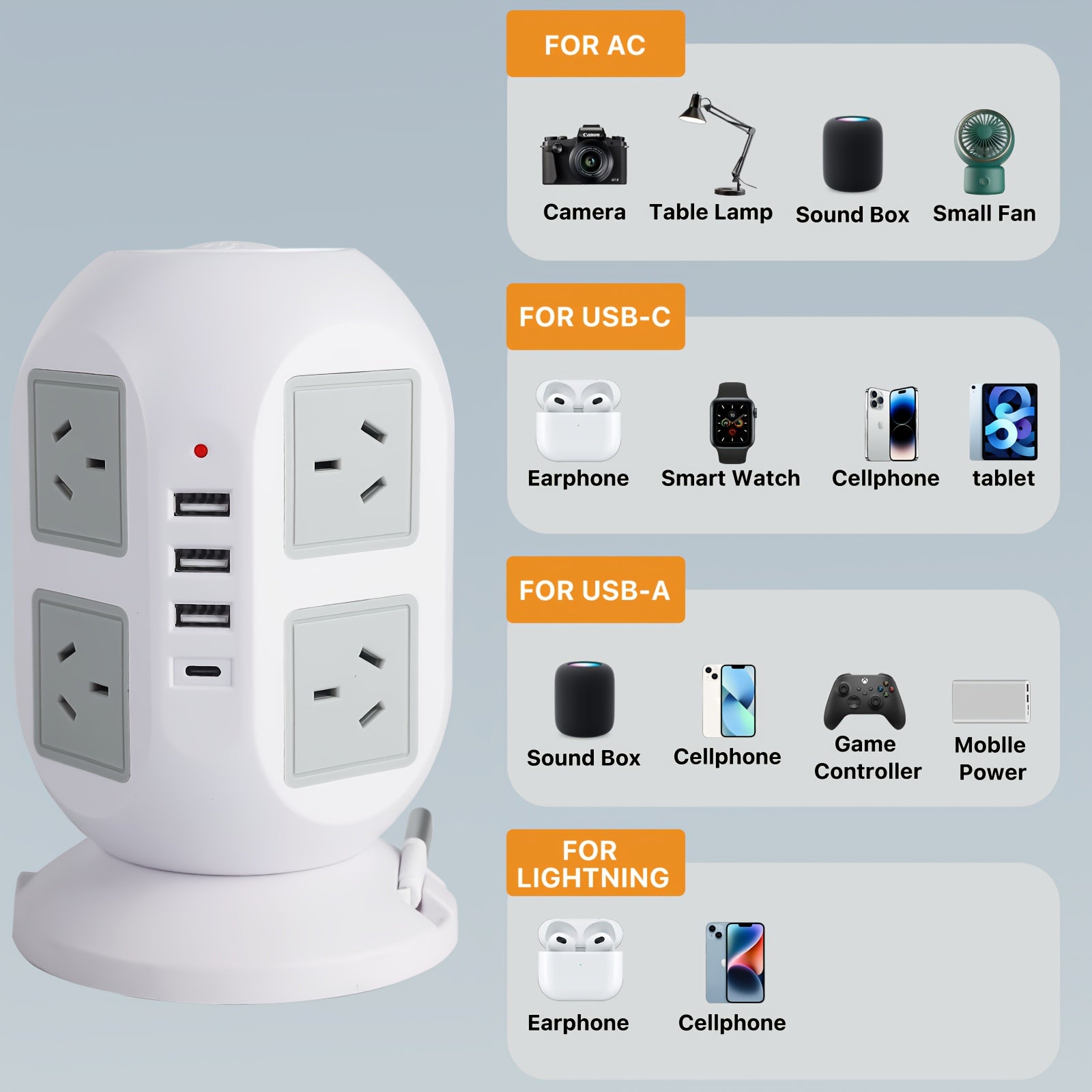 16-in-1 Tower Powerboard with USB-C | Surge Protector Charging Station (3m) by Snagg An Extension Cable