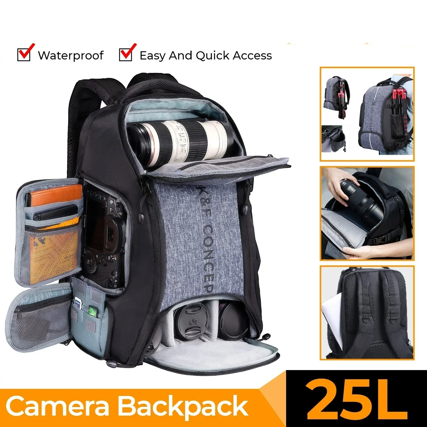 32L/25L Large Camera Backpack with Tripod Strap & Rain Cover – 15" Laptop