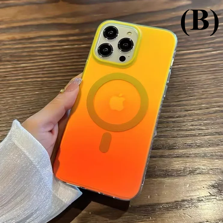 Laser Gradient MagSafe Shockproof Case – for iPhone 15 Series - B - Yellow orange / For Pro - Phone Cases & Covers