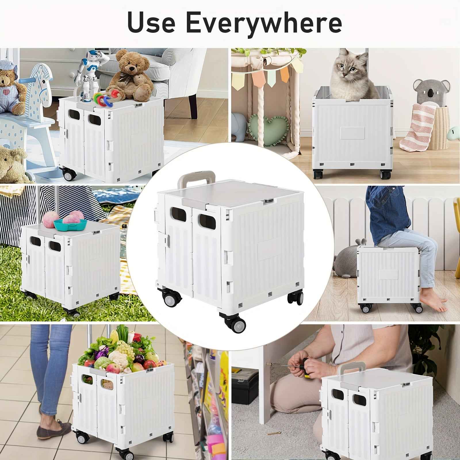Portable Rolling Handcart with Lid & 360° Wheels Collapsible Tool Box & Shopping Trolley for Grocery, Office, Travel, and Luggage