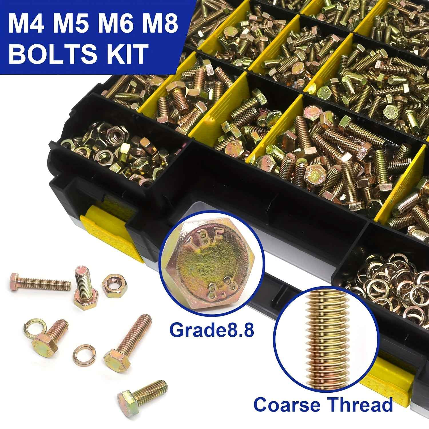 919pcs 8.8 Grade Metric Screws M4 M5 M6 M8 Heavy Duty Bolts and Nuts Set Yellow Galvanized Length Range 12-30mm