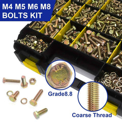 919pcs 8.8 Grade Metric Screws M4 M5 M6 M8 Heavy Duty Bolts and Nuts Set Yellow Galvanized Length Range 12-30mm