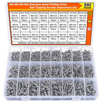 990pcs Self Tapping Screws Assortment Set M3/M4/M5/M6 - 304 stainless steel - Power Tools Gadget