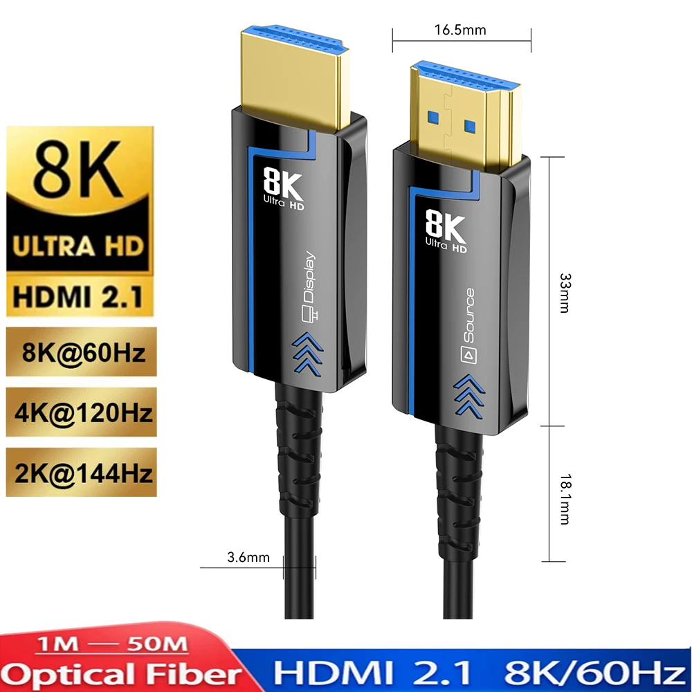 HDMI 2.1 Fine Fiber Optic Cable 8K@60Hz / 4K@120Hz – 48Gbps HDR, eARC & HDCP for TV, PS5 & Blu-ray