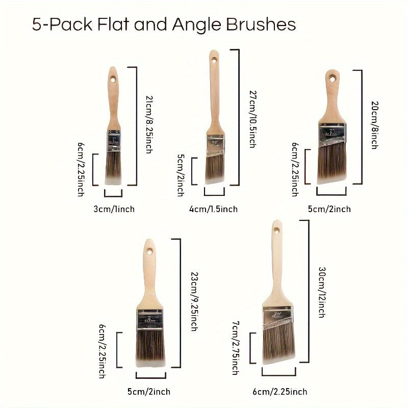 5 Pcs Professional Paint Brush Set - Flat & Angle Brushes - 5pcs - General Hand Tools