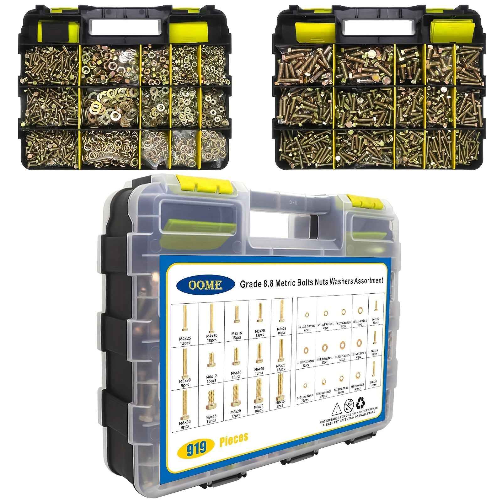 919pcs 8.8 Grade Metric Screws M4 M5 M6 M8 Heavy Duty Bolts and Nuts Set Yellow Galvanized Length Range 12-30mm