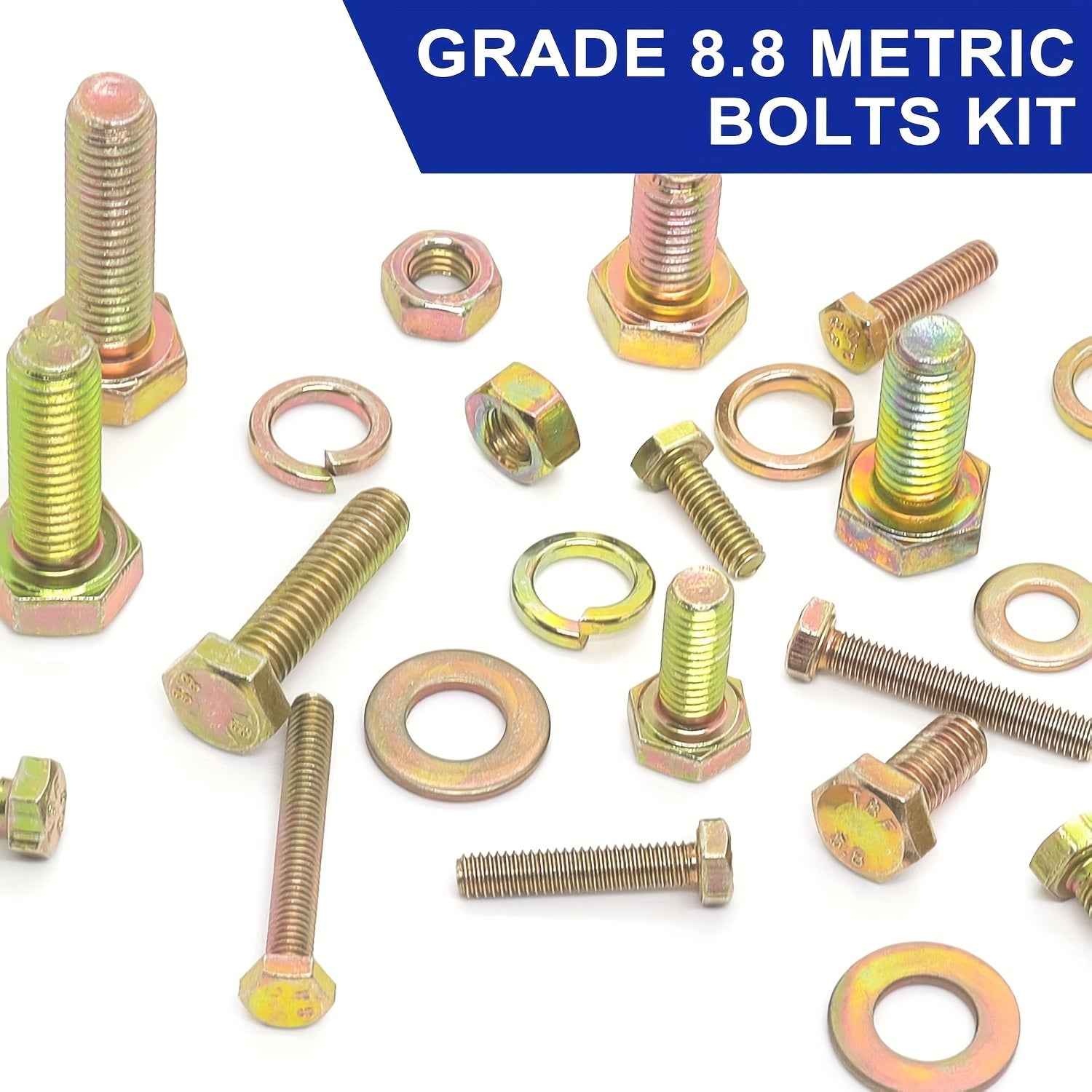 919pcs 8.8 Grade Metric Screws M4 M5 M6 M8 Heavy Duty Bolts and Nuts Set Yellow Galvanized Length Range 12-30mm