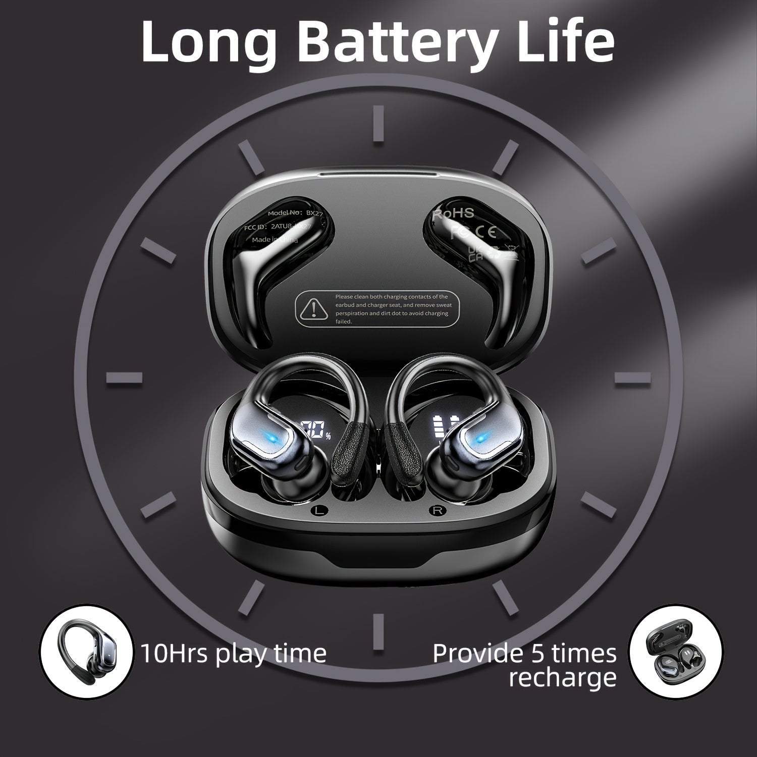 Wireless Earbuds with Dual LED Display | Noise Cancelling In-Ear Headphones with Mic & Earhooks by Snagg An EarBud