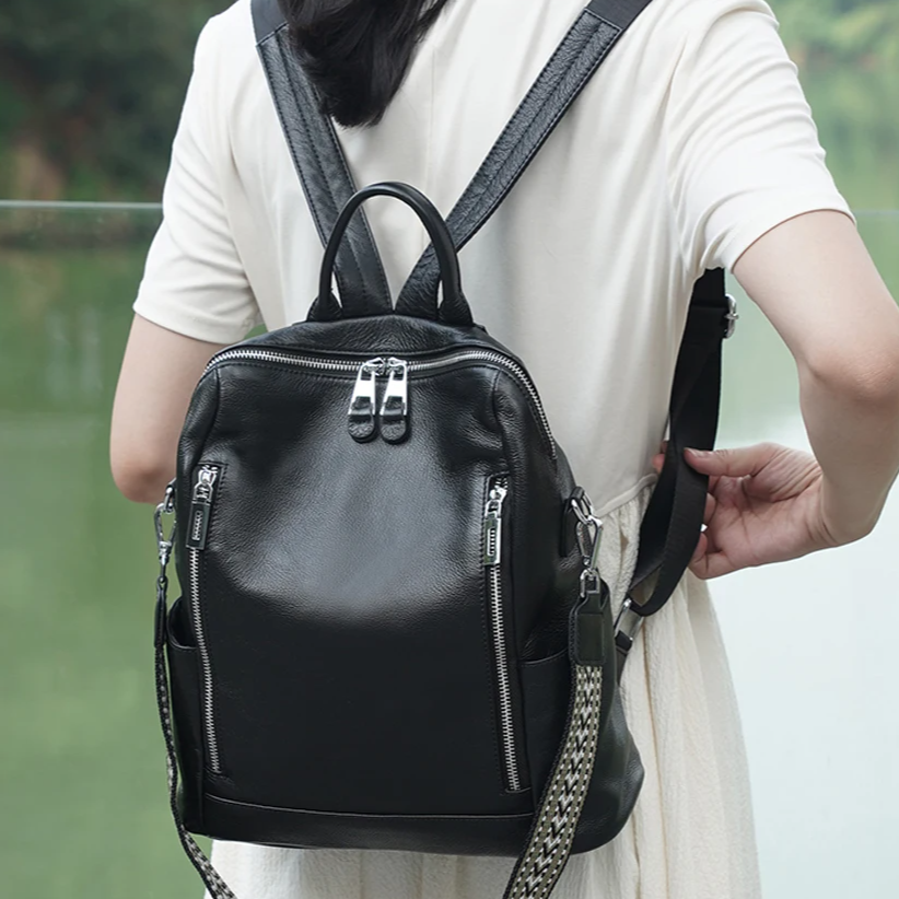 Genuine Leather Convertible Backpack – Multi-Pocket Day Pack & Shoulder Bag for Travel & Commuting