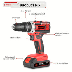 Cordless Electric Impact Drill Kit – 2 Batteries + Toolbox