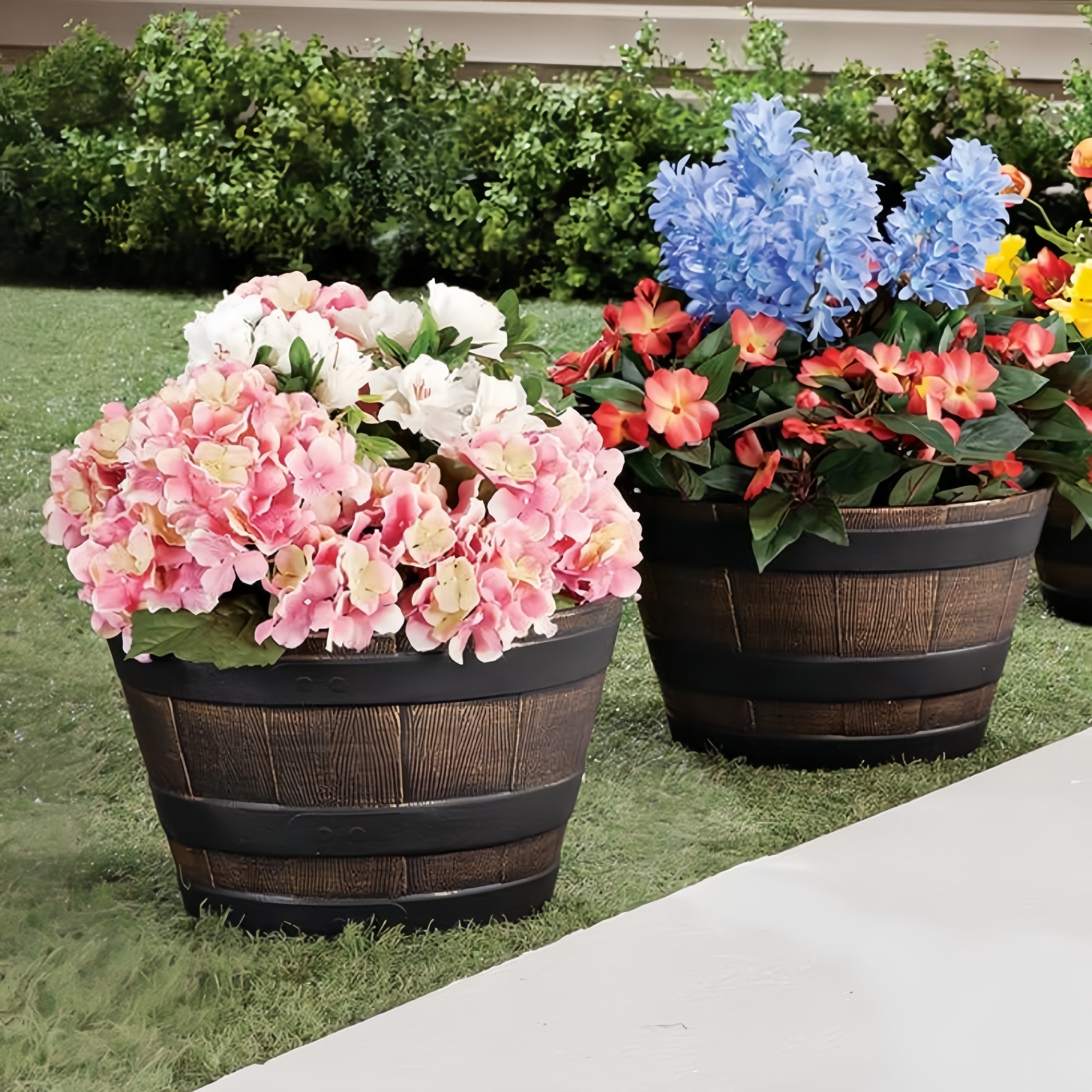 4pcs Whiskey Barrel Style Flower Pots with Trays by Snagg A Pot