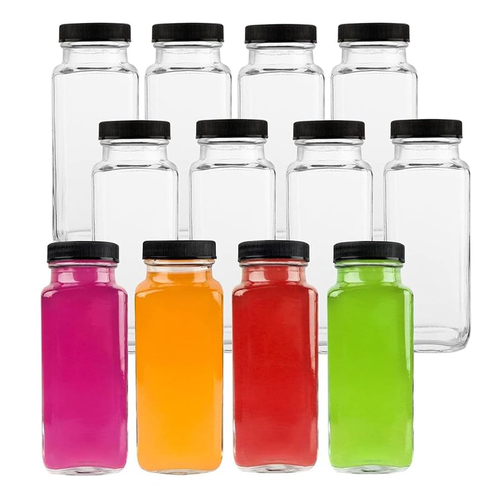 Glass Travel Juice Bottles 12 Pack 500ml Leak Proof BPA Free Lids by Snagg A Bottle