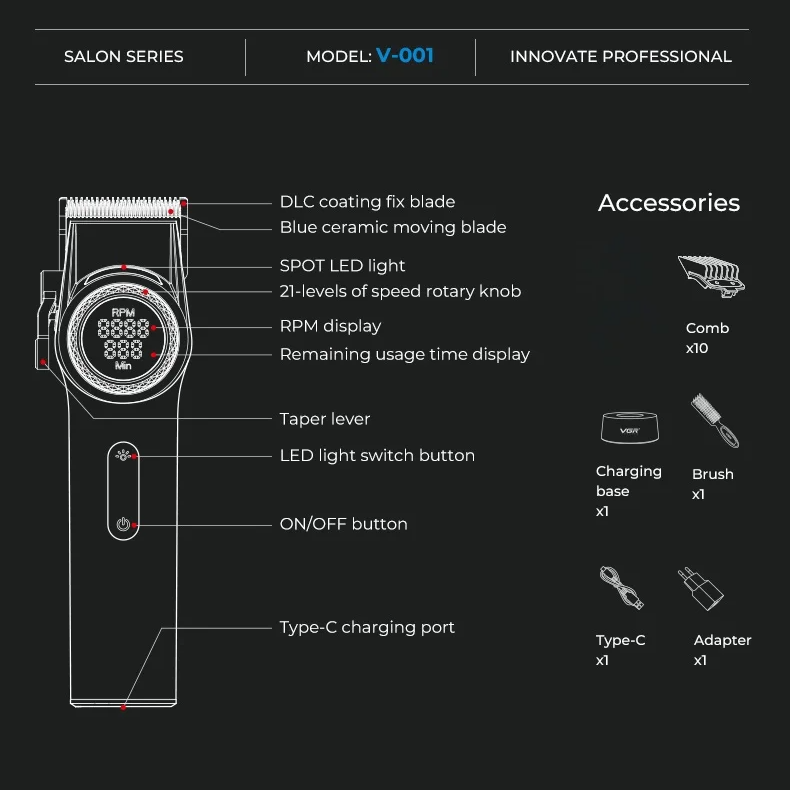 Professional 21 Speed Master Clipper – 4600mAh High-Capacity System with DLC "Flx" Blades & Charging Base