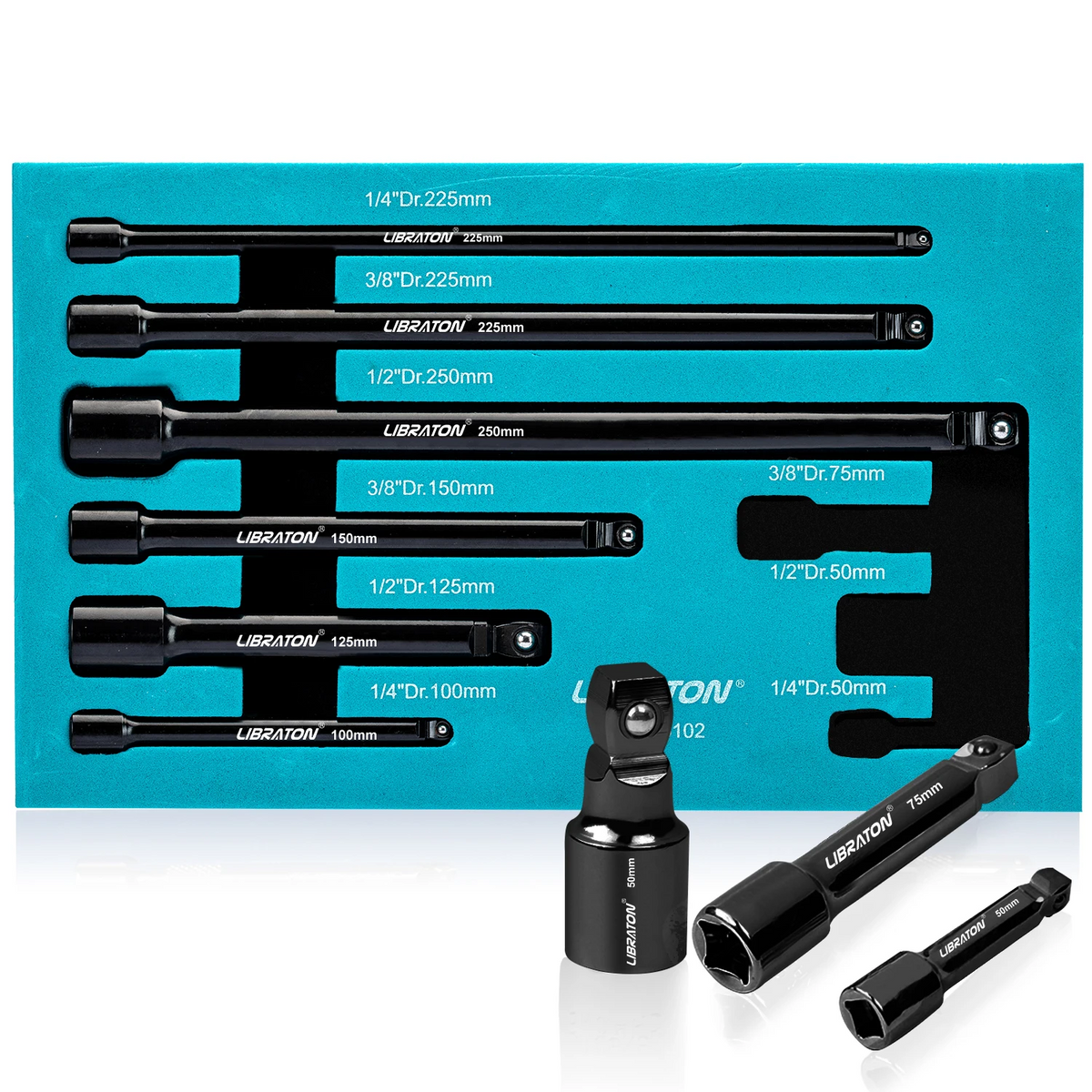 9 Pcs Wobble Socket Extension Set – 1/4", 3/8", 1/2" Ratchet Extensions with EVA Storage Tray for Automotive, Garage & DIY