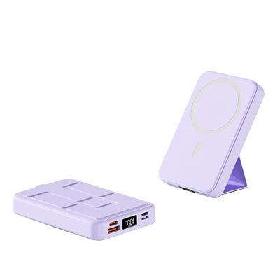 Two purple power banks on a light gray background