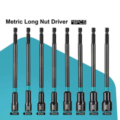 8PCS Magnetic Nut Driver Set 6” Long Shank Metric Impact Drill Bits Hex Shank 7-14mm