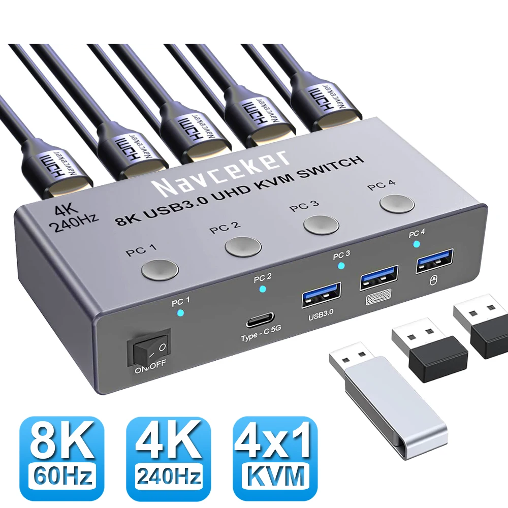 4K@240Hz / 8K KVM Switch HDMI 4-in-1 – 4 PC, 4-Port USB 3.0, Share 1 Monitor, Mouse & Keyboard