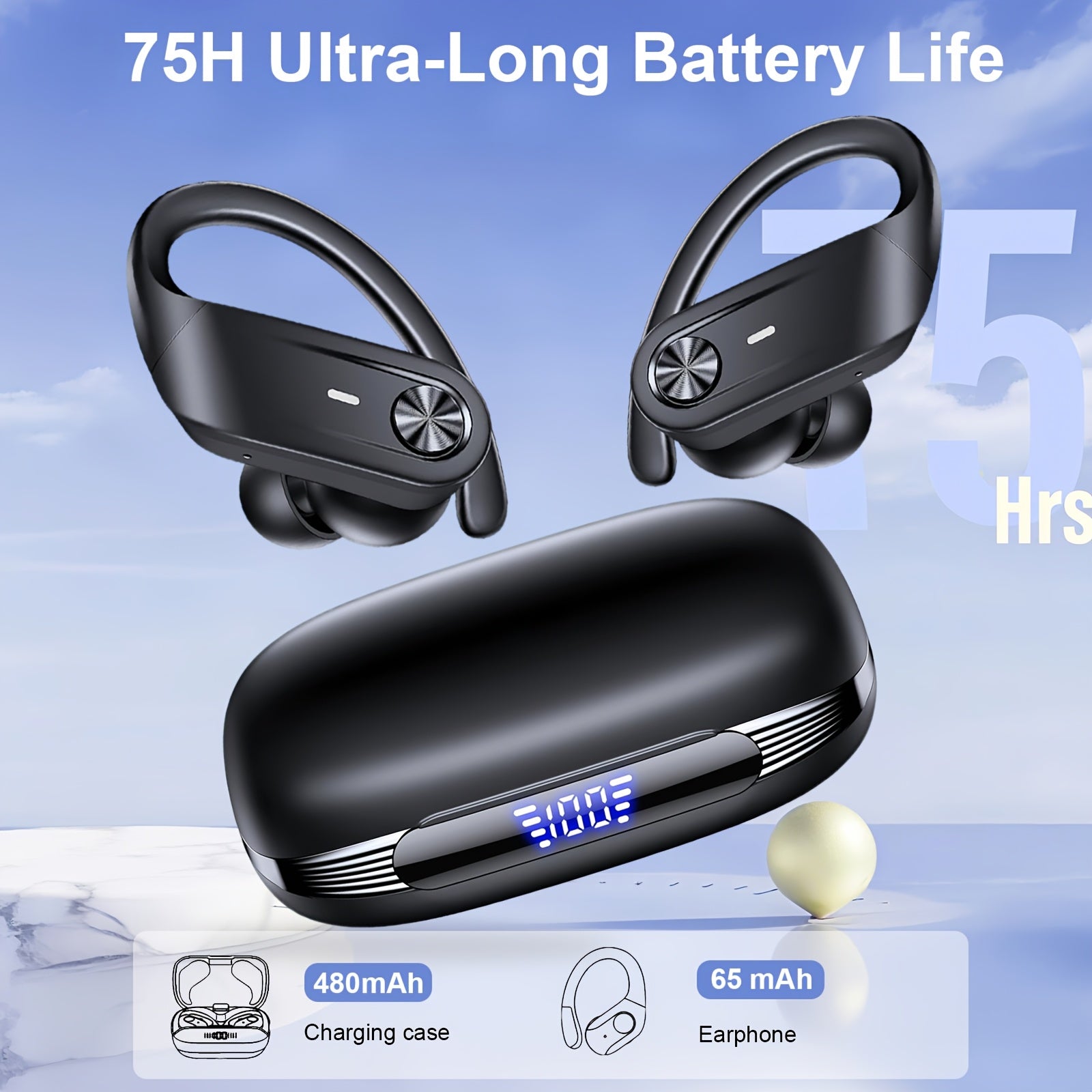 Wireless Earbuds 5.4 Headphones Sports, 75H Stereo Deep Bass Over-Ear with Earhooks, 4 ENC Mic, LED Display for Running Workout Exercise Gym, Exercise Audio Gear, Ergonomic Fit, Premium Audio, Noise Isolation, Music Lovers by Snagg An EarBud