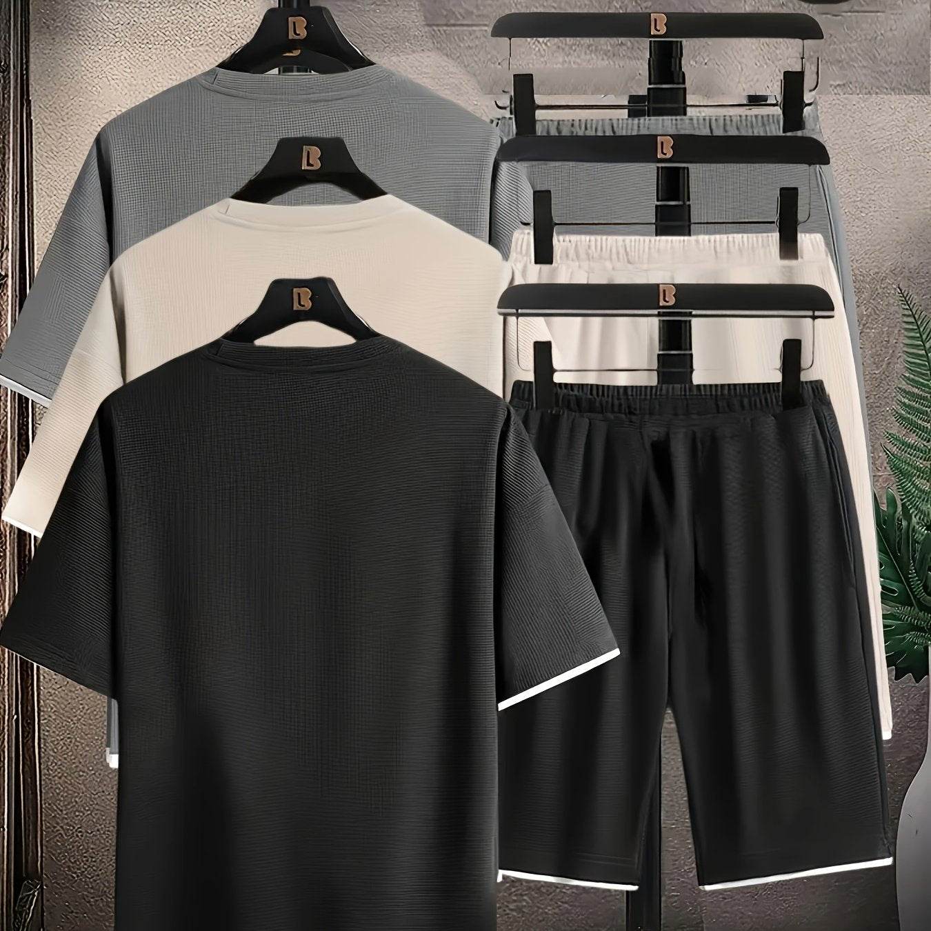 6pcs Waffle Men’s Pajama Set – Short Sleeve & Shorts Multi-Piece Homewear - SnaggIt