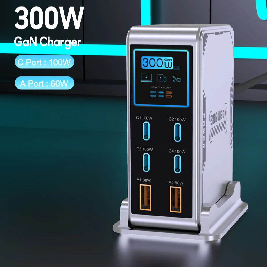 300W GaN 6-Port Digital Desktop Charging Station | PD 100W USB-C Fast Charger iPhone MacBook Laptop