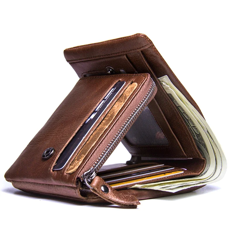 Crazy Horse Cowhide Leather Trifold Wallet with Zip Coin Pocket