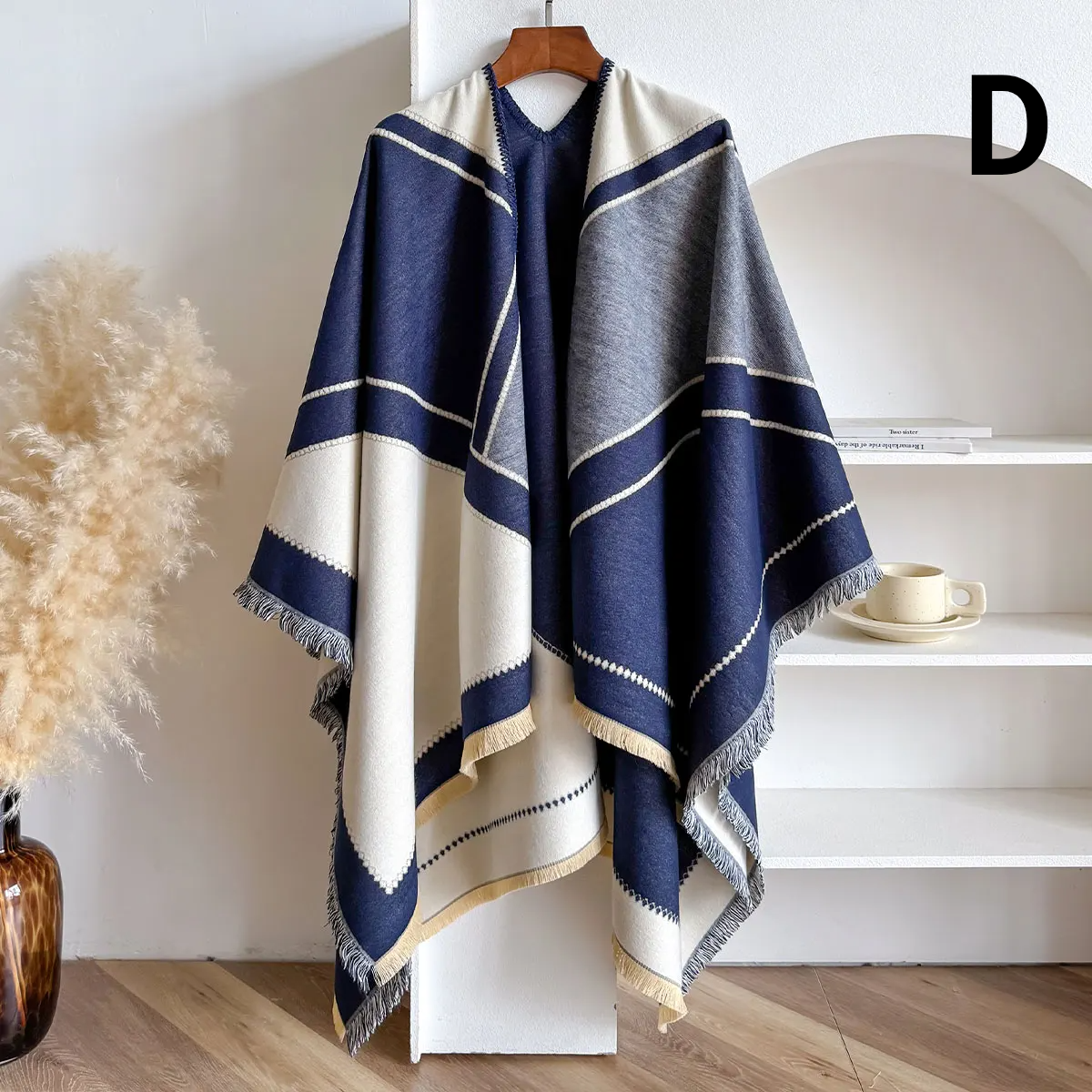 Double Sided Thick Pashmina Shawl & Poncho for Women - D - Blue - Others In Fashion