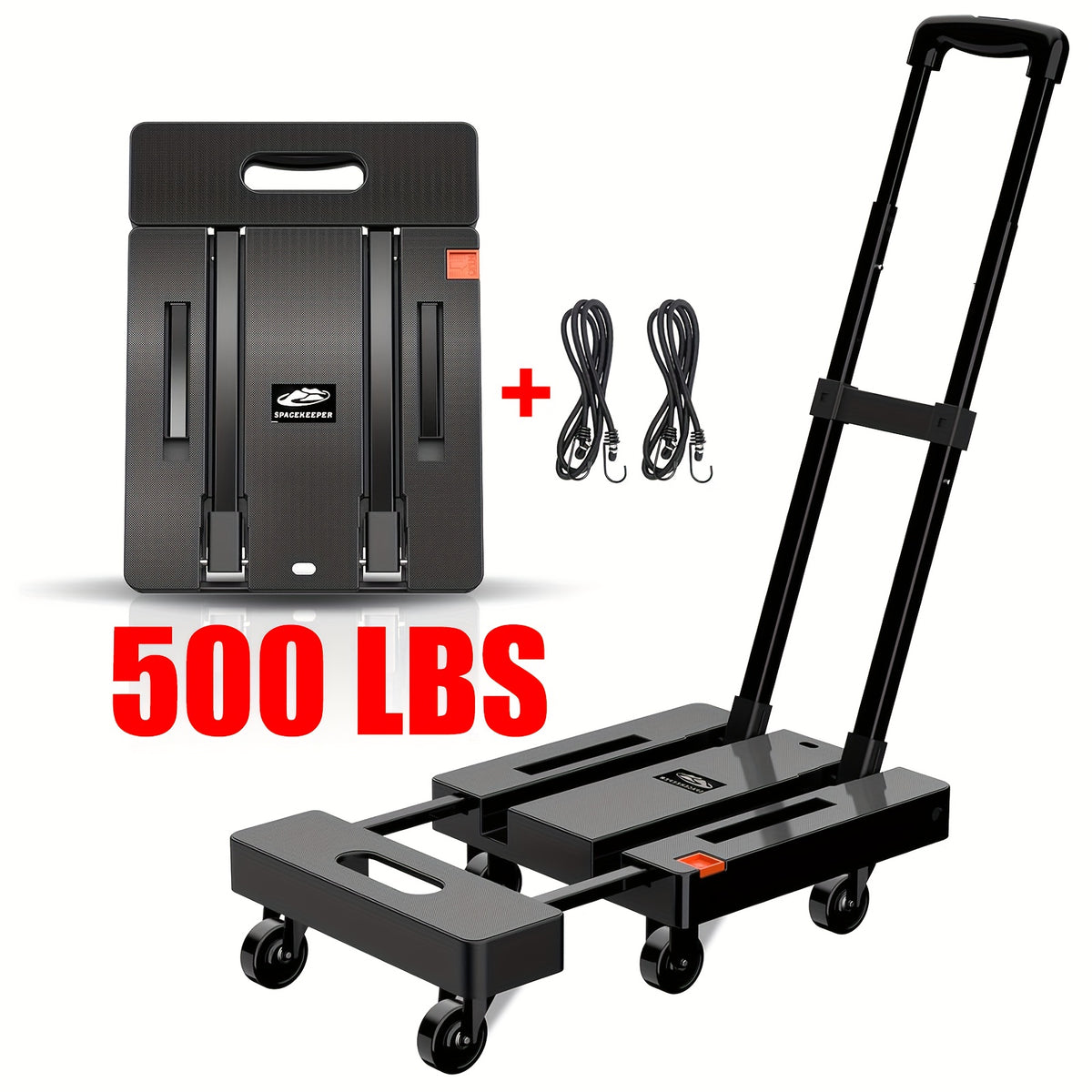 500LB Folding Hand Truck – Heavy Duty Luggage Cart with 6 Wheels & Elastic Ropes - Black - General Tools