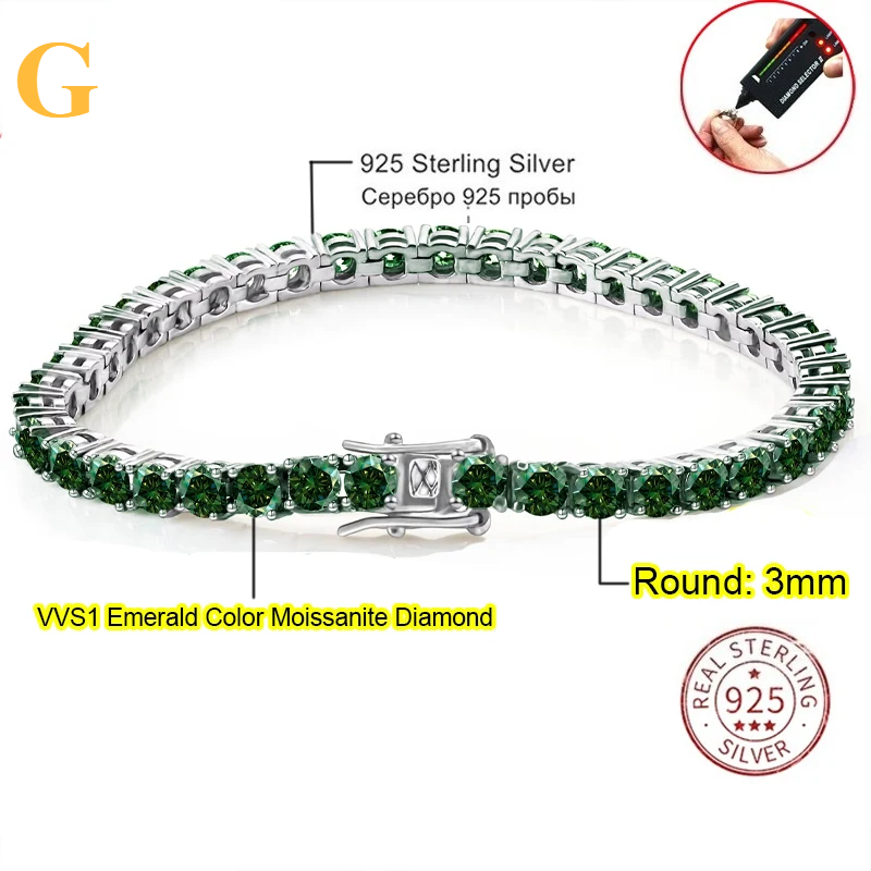 3.0mm D Color VVS1 Moissanite Tennis Bracelet - G / 3mm / 16cm / 925 Silvery - Bracelets