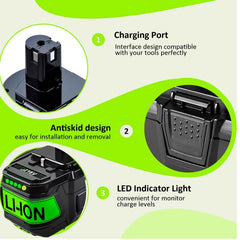 4 Pack 18 V 12.0 Ah Lithium-Ion Batteries — High Capacity Replacement for Ryobi 18 V ONE+ Cordless Tools