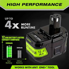 4 Pack 18 V 12.0 Ah Lithium-Ion Batteries — High Capacity Replacement for Ryobi 18 V ONE+ Cordless Tools