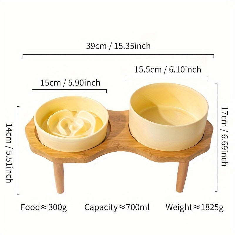 Slow Food Ceramic Cat & Dog Bowl with Elevated Wooden Stand by Snagg A Feeder