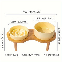 Slow Food Ceramic Cat & Dog Bowl with Elevated Wooden Stand by Snagg A Feeder